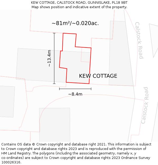 KEW COTTAGE, CALSTOCK ROAD, GUNNISLAKE, PL18 9BT: Plot and title map