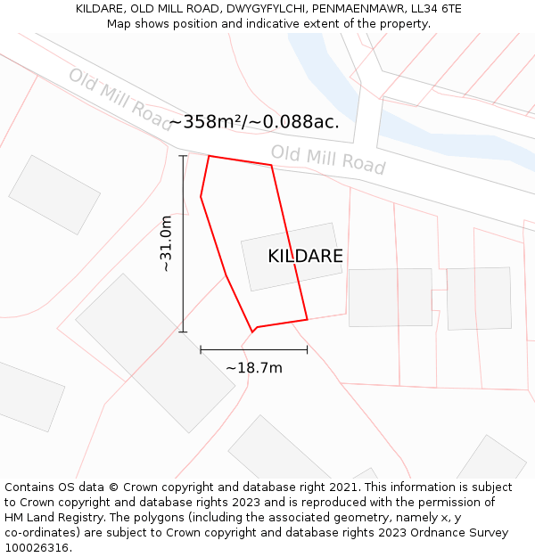 KILDARE, OLD MILL ROAD, DWYGYFYLCHI, PENMAENMAWR, LL34 6TE: Plot and title map