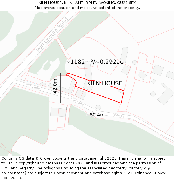 KILN HOUSE, KILN LANE, RIPLEY, WOKING, GU23 6EX: Plot and title map