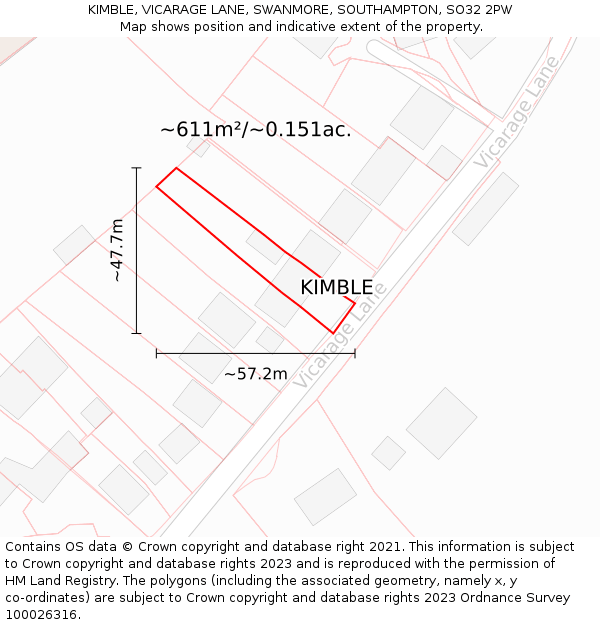 KIMBLE, VICARAGE LANE, SWANMORE, SOUTHAMPTON, SO32 2PW: Plot and title map