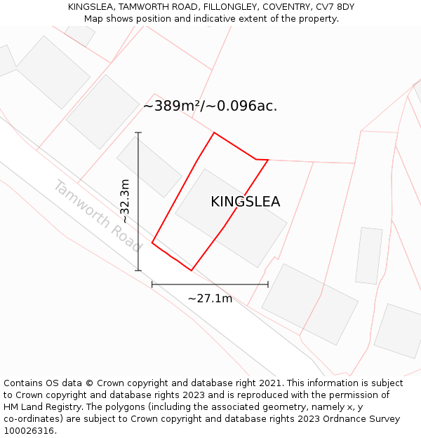 KINGSLEA, TAMWORTH ROAD, FILLONGLEY, COVENTRY, CV7 8DY: Plot and title map