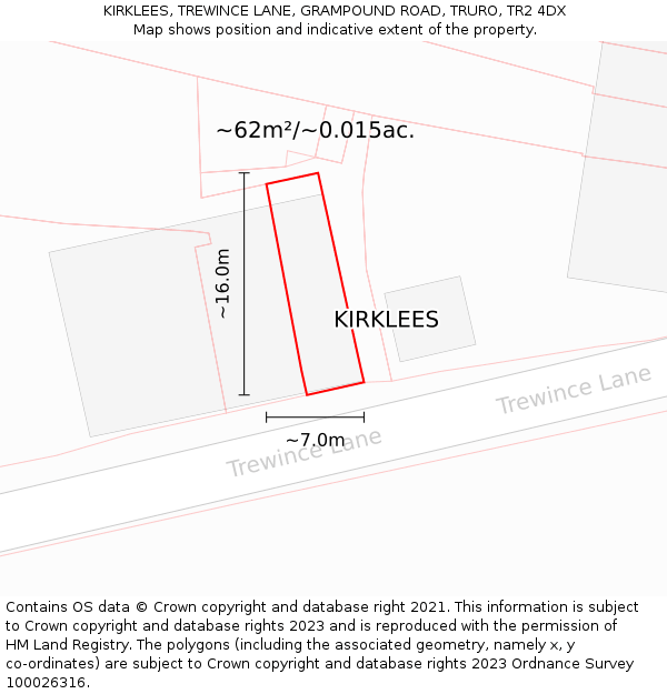 KIRKLEES, TREWINCE LANE, GRAMPOUND ROAD, TRURO, TR2 4DX: Plot and title map