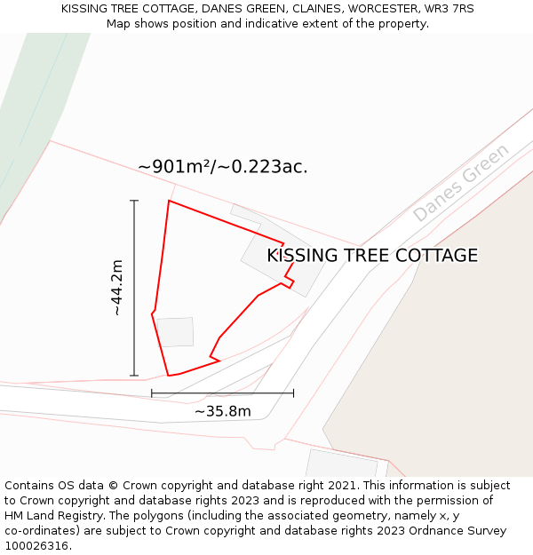 KISSING TREE COTTAGE, DANES GREEN, CLAINES, WORCESTER, WR3 7RS: Plot and title map