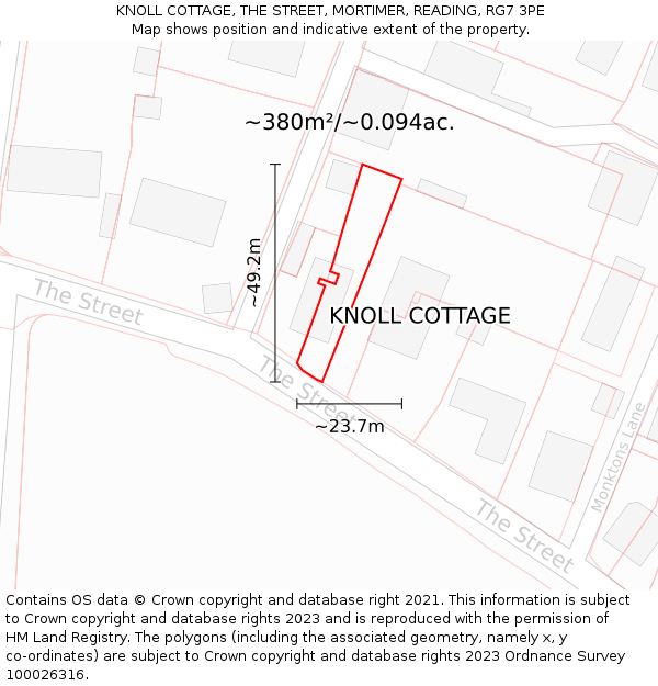 KNOLL COTTAGE, THE STREET, MORTIMER, READING, RG7 3PE: Plot and title map