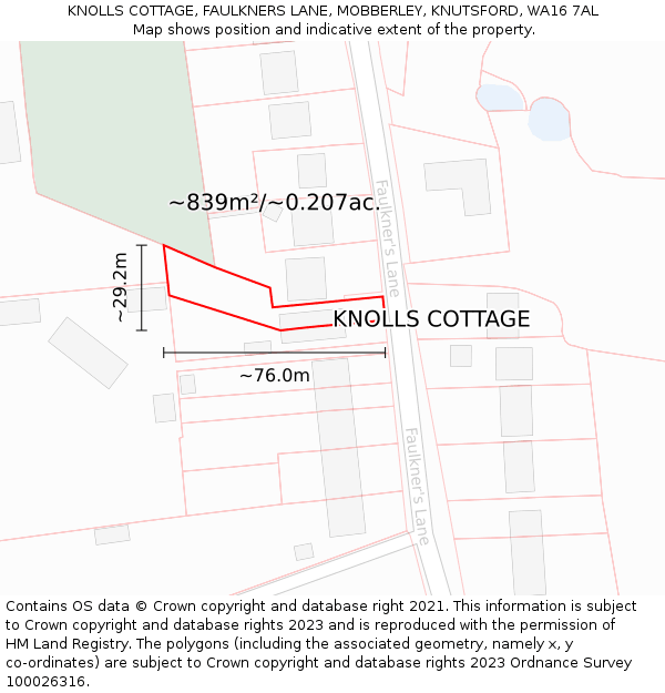 KNOLLS COTTAGE, FAULKNERS LANE, MOBBERLEY, KNUTSFORD, WA16 7AL: Plot and title map