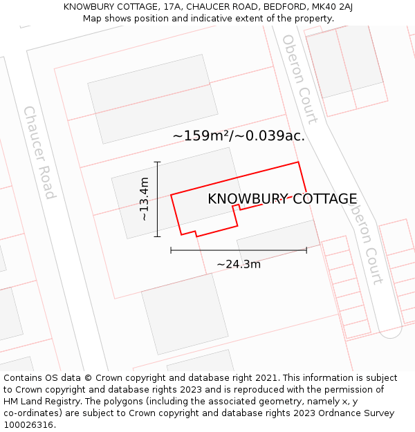 KNOWBURY COTTAGE, 17A, CHAUCER ROAD, BEDFORD, MK40 2AJ: Plot and title map