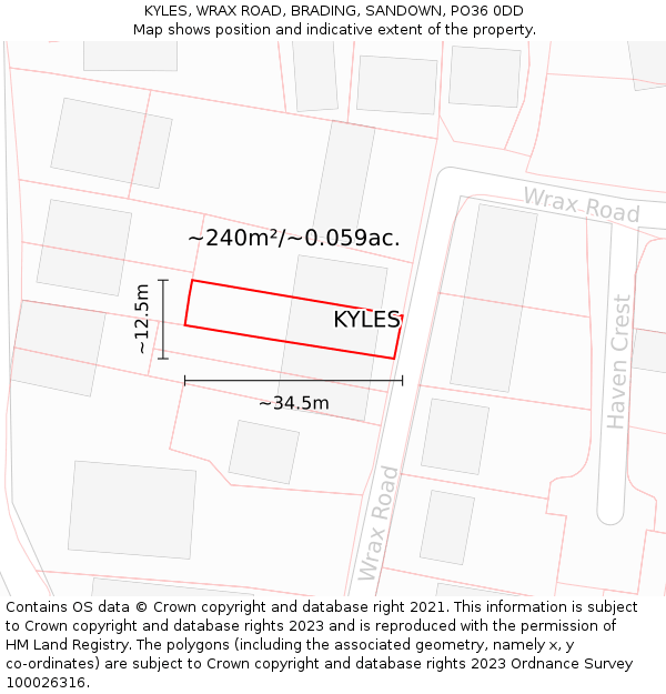 KYLES, WRAX ROAD, BRADING, SANDOWN, PO36 0DD: Plot and title map