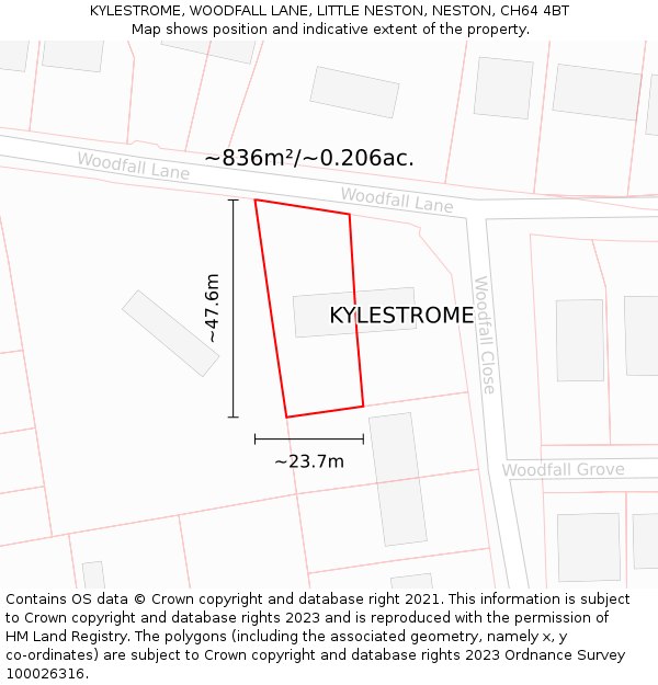 KYLESTROME, WOODFALL LANE, LITTLE NESTON, NESTON, CH64 4BT: Plot and title map