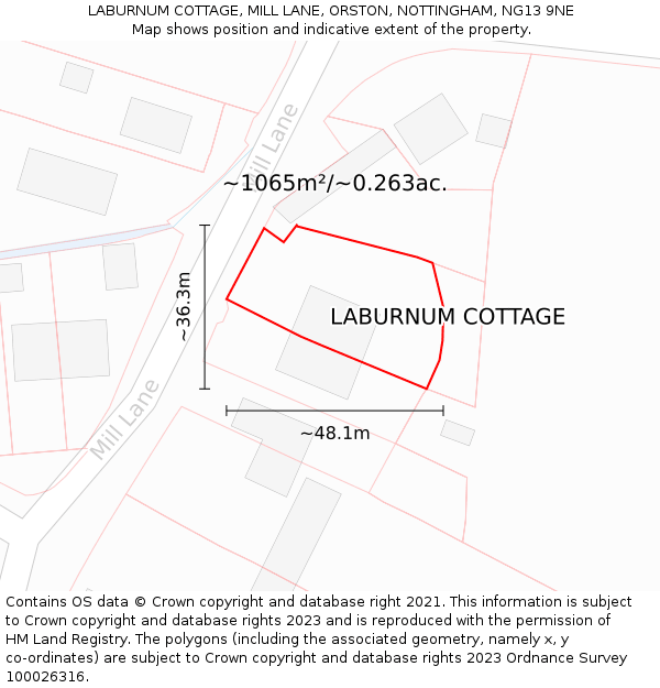 LABURNUM COTTAGE, MILL LANE, ORSTON, NOTTINGHAM, NG13 9NE: Plot and title map