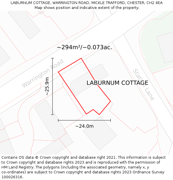LABURNUM COTTAGE, WARRINGTON ROAD, MICKLE TRAFFORD, CHESTER, CH2 4EA: Plot and title map