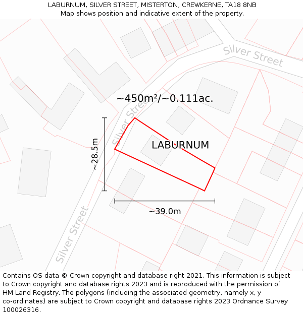 LABURNUM, SILVER STREET, MISTERTON, CREWKERNE, TA18 8NB: Plot and title map