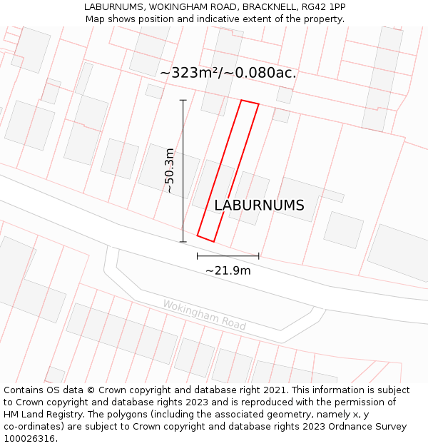 LABURNUMS, WOKINGHAM ROAD, BRACKNELL, RG42 1PP: Plot and title map