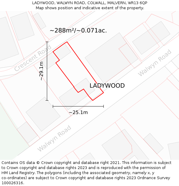 LADYWOOD, WALWYN ROAD, COLWALL, MALVERN, WR13 6QP: Plot and title map