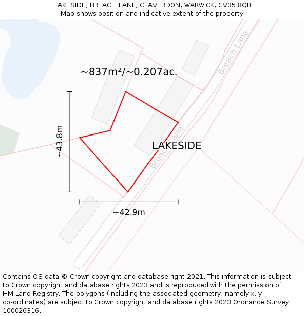 LAKESIDE, BREACH LANE, CLAVERDON, WARWICK, CV35 8QB: Plot and title map