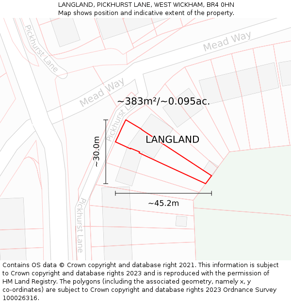 LANGLAND, PICKHURST LANE, WEST WICKHAM, BR4 0HN: Plot and title map