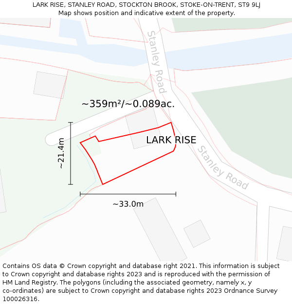 LARK RISE, STANLEY ROAD, STOCKTON BROOK, STOKE-ON-TRENT, ST9 9LJ: Plot and title map