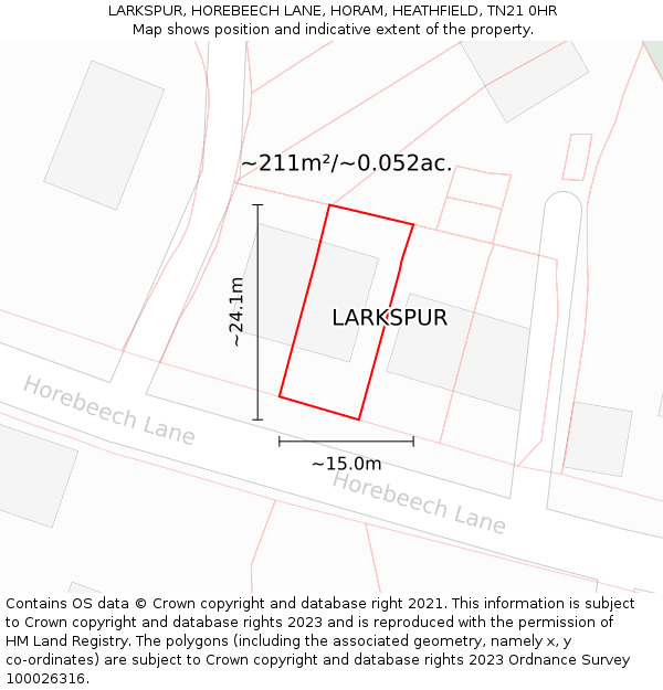LARKSPUR, HOREBEECH LANE, HORAM, HEATHFIELD, TN21 0HR: Plot and title map