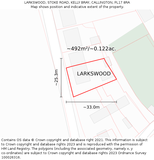 LARKSWOOD, STOKE ROAD, KELLY BRAY, CALLINGTON, PL17 8RA: Plot and title map