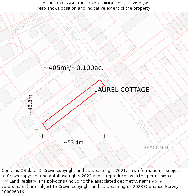 LAUREL COTTAGE, HILL ROAD, HINDHEAD, GU26 6QW: Plot and title map