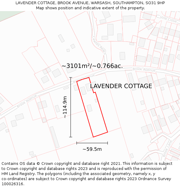 LAVENDER COTTAGE, BROOK AVENUE, WARSASH, SOUTHAMPTON, SO31 9HP: Plot and title map