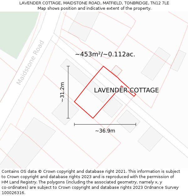 LAVENDER COTTAGE, MAIDSTONE ROAD, MATFIELD, TONBRIDGE, TN12 7LE: Plot and title map