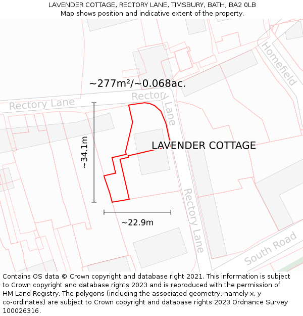 LAVENDER COTTAGE, RECTORY LANE, TIMSBURY, BATH, BA2 0LB: Plot and title map