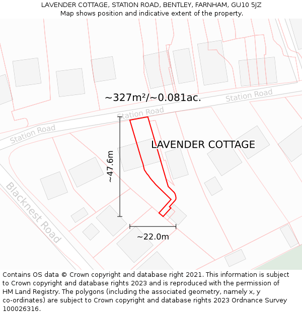 LAVENDER COTTAGE, STATION ROAD, BENTLEY, FARNHAM, GU10 5JZ: Plot and title map