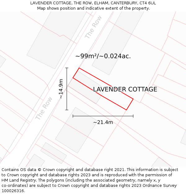 LAVENDER COTTAGE, THE ROW, ELHAM, CANTERBURY, CT4 6UL: Plot and title map