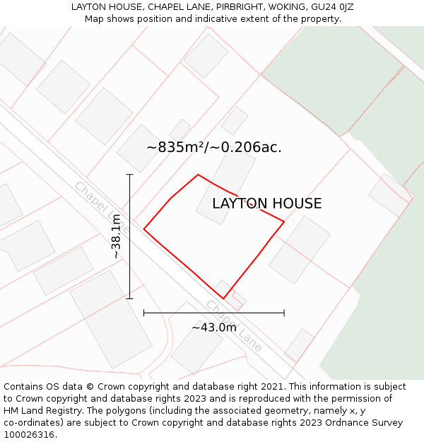 LAYTON HOUSE, CHAPEL LANE, PIRBRIGHT, WOKING, GU24 0JZ: Plot and title map