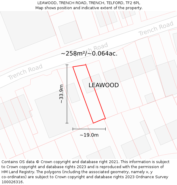 LEAWOOD, TRENCH ROAD, TRENCH, TELFORD, TF2 6PL: Plot and title map