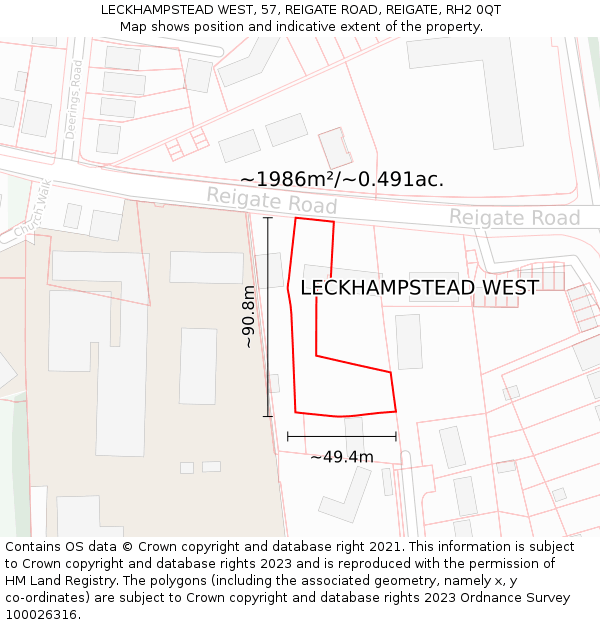 LECKHAMPSTEAD WEST, 57, REIGATE ROAD, REIGATE, RH2 0QT: Plot and title map