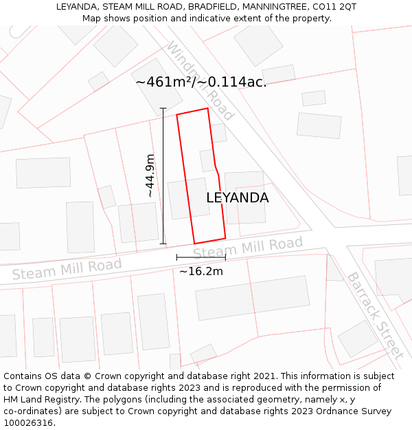 LEYANDA, STEAM MILL ROAD, BRADFIELD, MANNINGTREE, CO11 2QT: Plot and title map