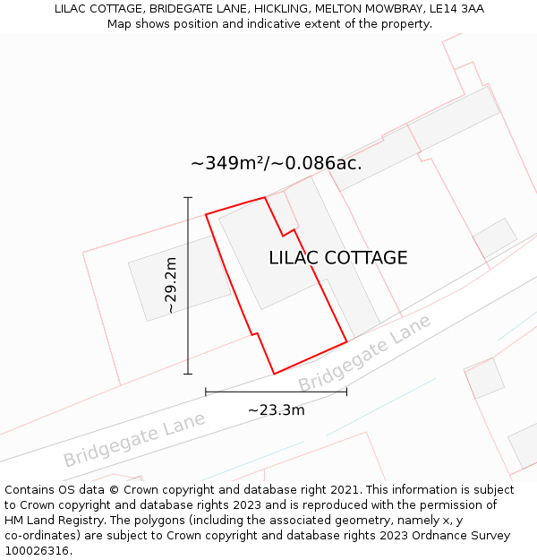 LILAC COTTAGE, BRIDEGATE LANE, HICKLING, MELTON MOWBRAY, LE14 3AA: Plot and title map