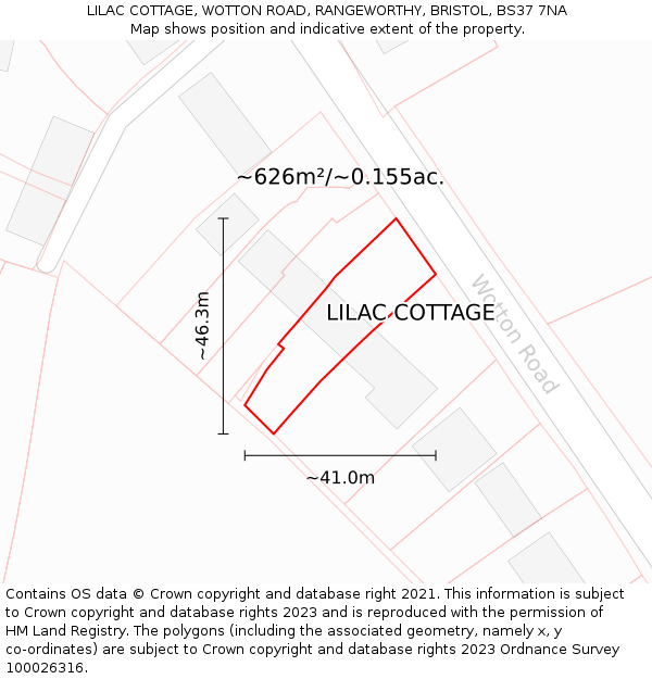 LILAC COTTAGE, WOTTON ROAD, RANGEWORTHY, BRISTOL, BS37 7NA: Plot and title map