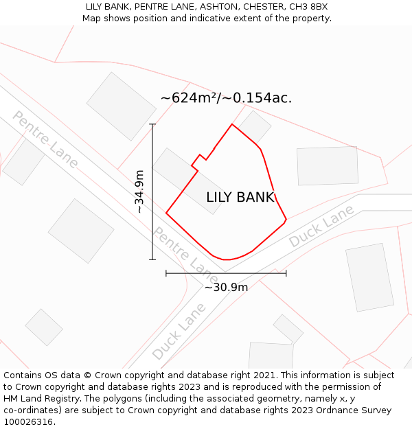 LILY BANK, PENTRE LANE, ASHTON, CHESTER, CH3 8BX: Plot and title map