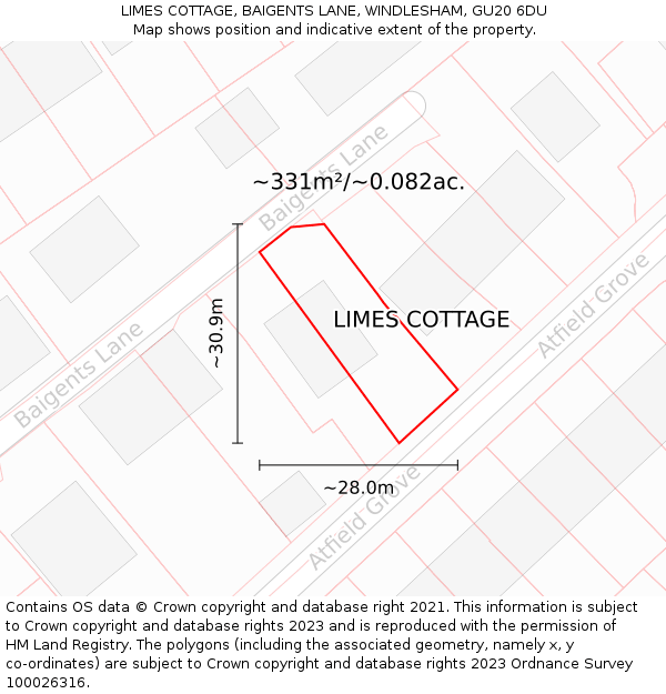 LIMES COTTAGE, BAIGENTS LANE, WINDLESHAM, GU20 6DU: Plot and title map