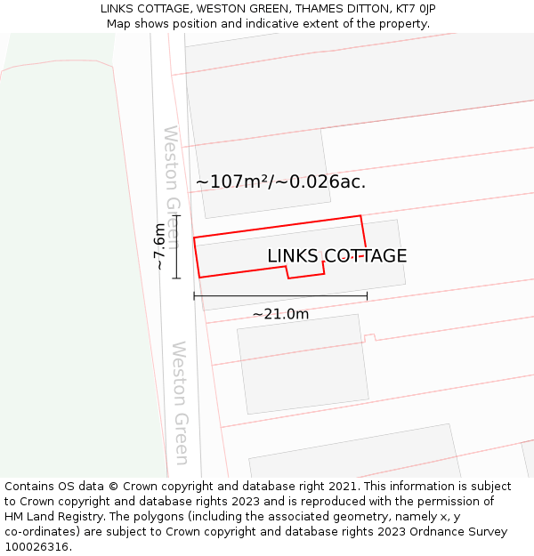 LINKS COTTAGE, WESTON GREEN, THAMES DITTON, KT7 0JP: Plot and title map