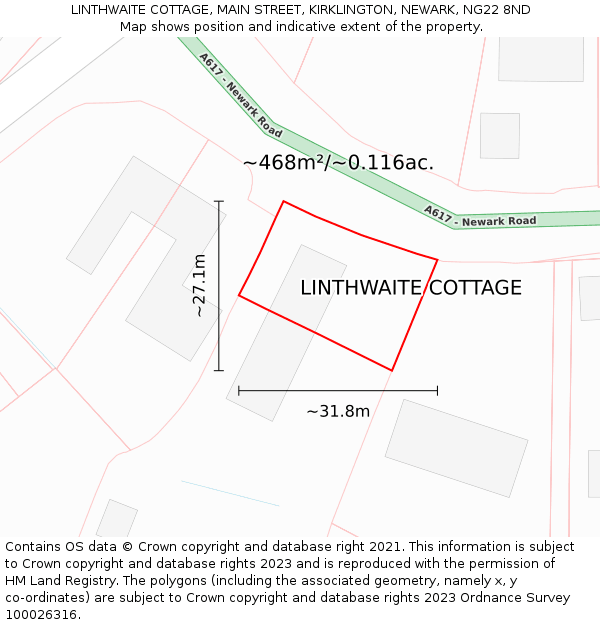 LINTHWAITE COTTAGE, MAIN STREET, KIRKLINGTON, NEWARK, NG22 8ND: Plot and title map