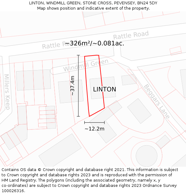 LINTON, WINDMILL GREEN, STONE CROSS, PEVENSEY, BN24 5DY: Plot and title map