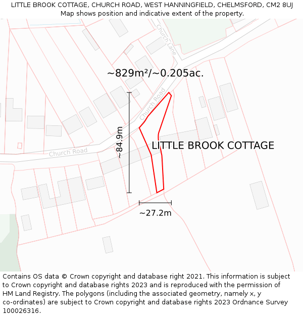 LITTLE BROOK COTTAGE, CHURCH ROAD, WEST HANNINGFIELD, CHELMSFORD, CM2 8UJ: Plot and title map