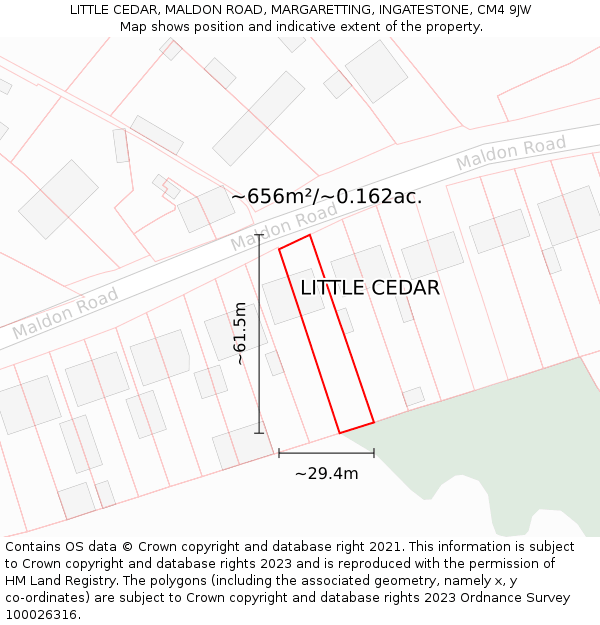 LITTLE CEDAR, MALDON ROAD, MARGARETTING, INGATESTONE, CM4 9JW: Plot and title map