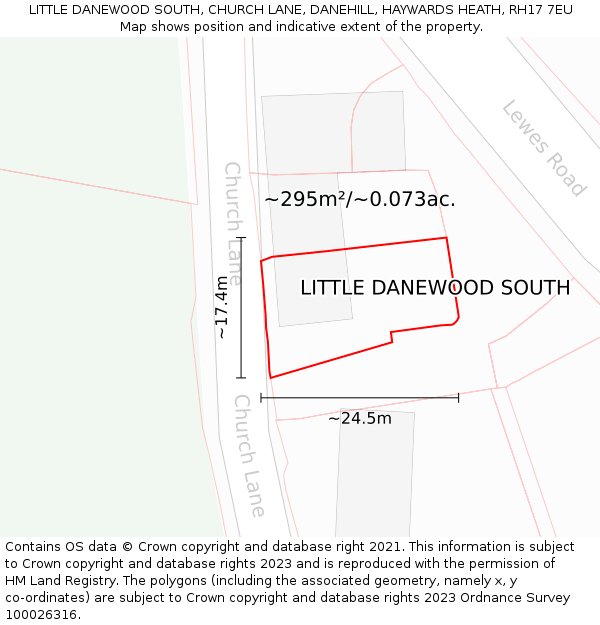 LITTLE DANEWOOD SOUTH, CHURCH LANE, DANEHILL, HAYWARDS HEATH, RH17 7EU: Plot and title map