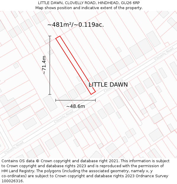 LITTLE DAWN, CLOVELLY ROAD, HINDHEAD, GU26 6RP: Plot and title map