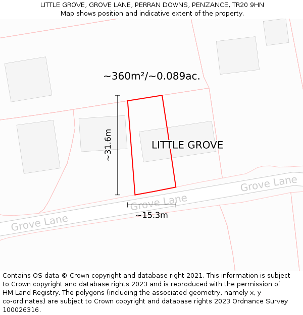 LITTLE GROVE, GROVE LANE, PERRAN DOWNS, PENZANCE, TR20 9HN: Plot and title map