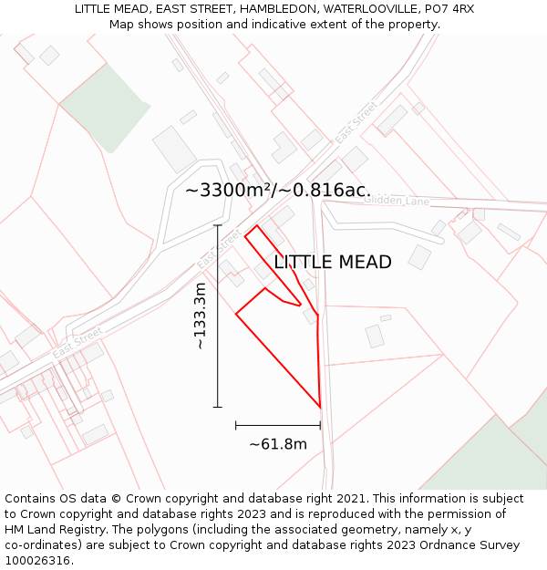 LITTLE MEAD, EAST STREET, HAMBLEDON, WATERLOOVILLE, PO7 4RX: Plot and title map