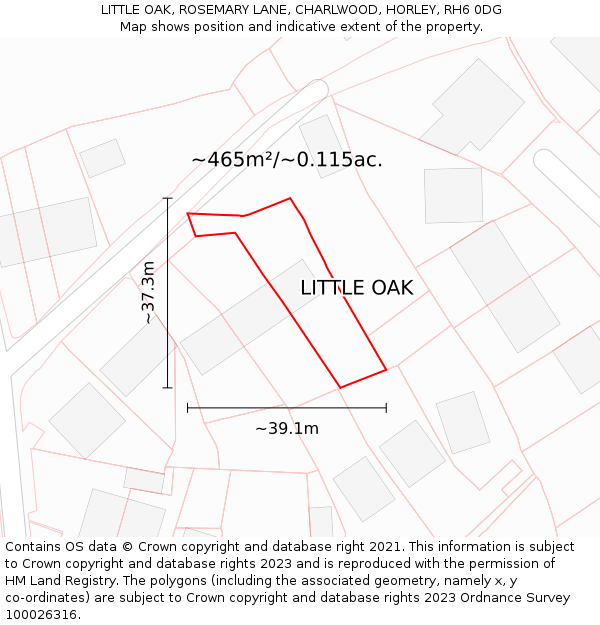 LITTLE OAK, ROSEMARY LANE, CHARLWOOD, HORLEY, RH6 0DG: Plot and title map