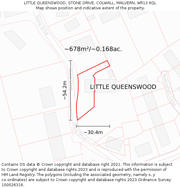 LITTLE QUEENSWOOD, STONE DRIVE, COLWALL, MALVERN, WR13 6QL: Plot and title map