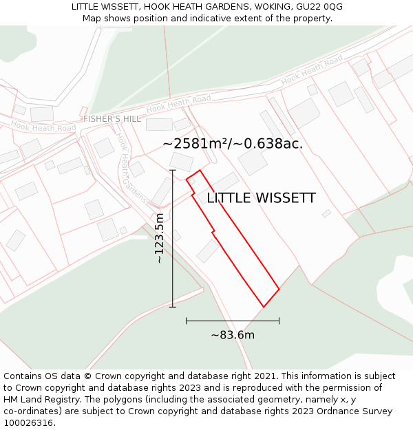 LITTLE WISSETT, HOOK HEATH GARDENS, WOKING, GU22 0QG: Plot and title map