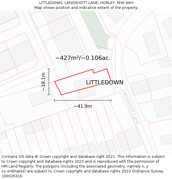 LITTLEDOWN, LANGSHOTT LANE, HORLEY, RH6 9AH: Plot and title map