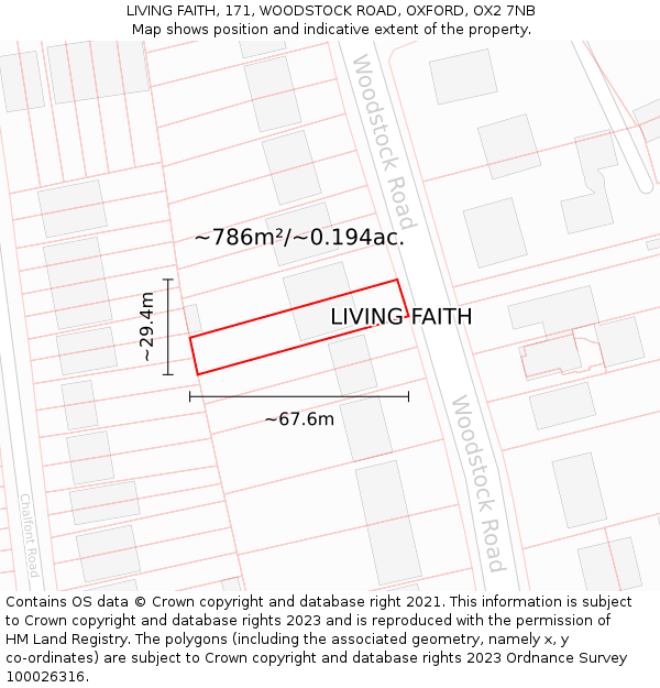 LIVING FAITH, 171, WOODSTOCK ROAD, OXFORD, OX2 7NB: Plot and title map